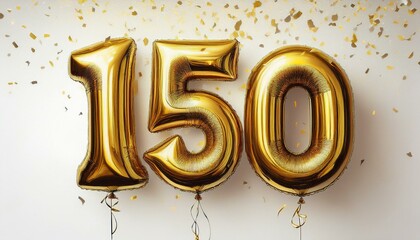 Gold birthday / anniversary balloon, number 150, white background with confetti