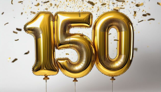 Gold birthday / anniversary balloon, number 150, white background with confetti