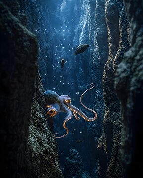 Mysterious bioluminescent deep sea canyon with a curious octopus exploring rocky crevices a glowing angler fish in the shadowy depths