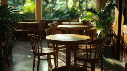 A serene café setting with wooden tables and chairs surrounded by lush greenery.