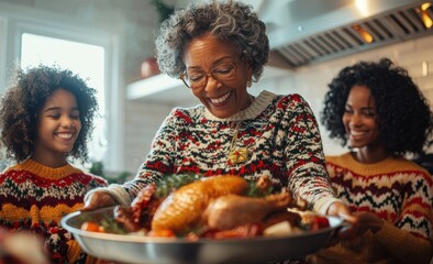 Joyful African American family celebrating Christmas with grandmother serving holiday dinner in festive sweaters