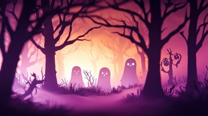 A haunting forest scene with ghostly figures and eerie trees, evoking a mystical atmosphere.