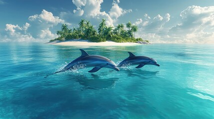 Fototapeta premium A group of dolphins swimming near an island, with their fins breaking the surface of the calm, turquoise waters