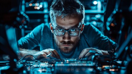 Portrait of an IT specialist configuring network settings, focused expression, surrounded by advanced tech equipment