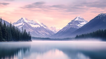 Dreamy pastel hued landscape photography of a serene mountain lake and snowcapped peaks