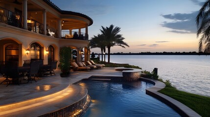 Obraz premium A stunning lakefront mansion with an elegant pool and outdoor seating, offering breathtaking views of the water's edge in summer