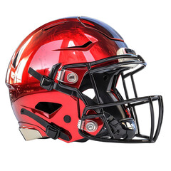 Fototapeta premium Shiny red football helmet with black facemask on white background, high-quality close-up, professional sports equipment, safety gear isolate on transparency background