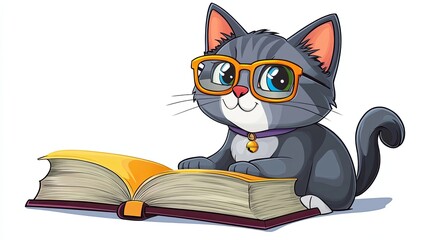 Obraz premium A Cartoon Cat Wearing Glasses Reading a Book