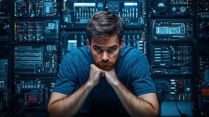 Portrait of an IT specialist configuring network settings, focused expression, surrounded by advanced tech equipment