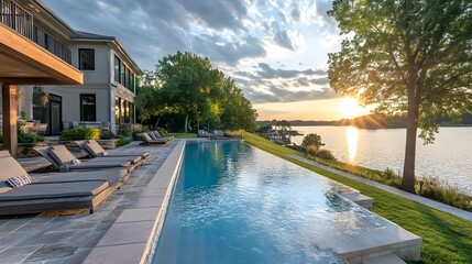 Fototapeta premium A stunning lakefront mansion with an elegant pool and outdoor seating, offering breathtaking views of the water's edge in summer