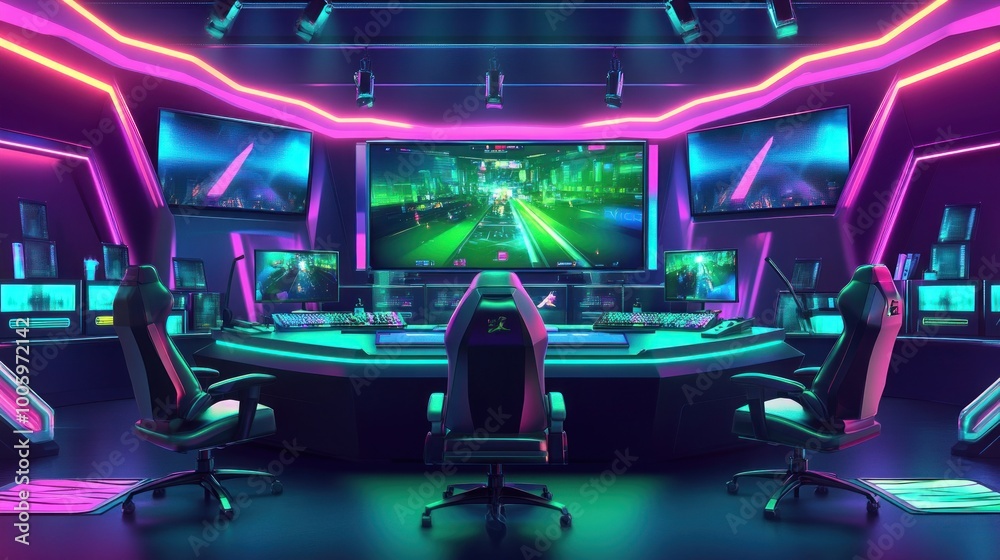 Canvas Prints A vibrant gaming setup with neon lights and multiple screens for immersive gameplay.