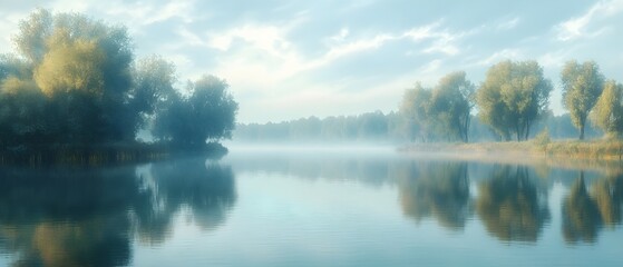 Fototapeta premium Peaceful lakeside vista with calm waters mirroring the surrounding trees and sky creating a serene natural landscape with a sense of quiet contemplation Captured in a cinematic widescreen format