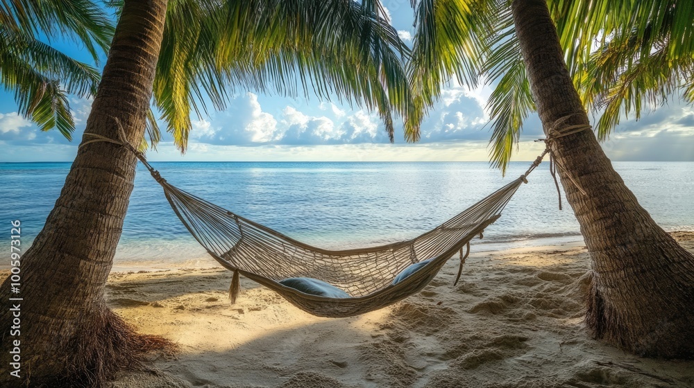 Wall mural a hammock tied between two palm trees on a peaceful island, overlooking the calm ocean and the horiz