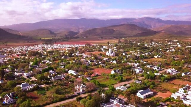 Aerial over small town village, in South Africa, Mcgregor