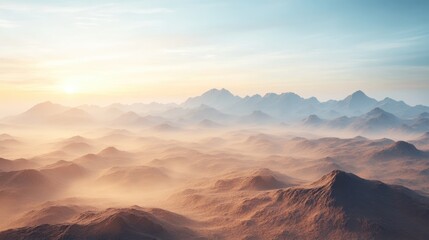 Naklejka premium A heat haze rising from a vast desert landscape, distorting the view of distant mountains and adding to the sense of extreme temperature.