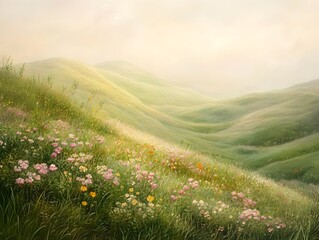 Obraz premium Pastoral scene of undulating hills and lush grassy knolls accented with clusters of vibrant wildflowers in pastel tones diffused natural lighting creating a hazy romantic ambiance