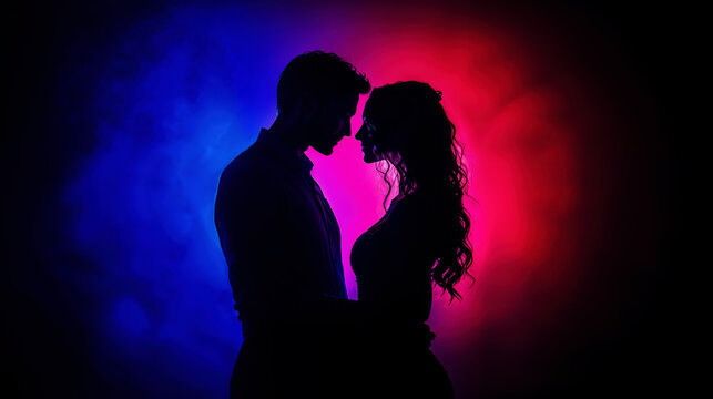 un homme et une femme amoureux devant un fond brumeux bleu et rose
