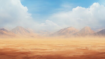 Fototapeta premium A heat haze rising from a vast desert landscape, distorting the view of distant mountains and adding to the sense of extreme temperature.