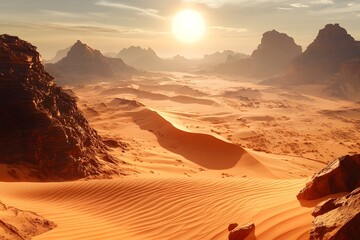 Naklejka premium Vast dramatic desert panorama with undulating sand dunes blistering midday sun distant mirage and rugged rocky outcroppings set against a moody atmospheric sky This hyper detailed
