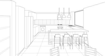 interior kitchen living room 3d illustration	
