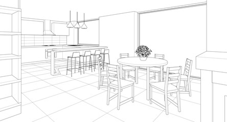 interior kitchen living room 3d illustration	
