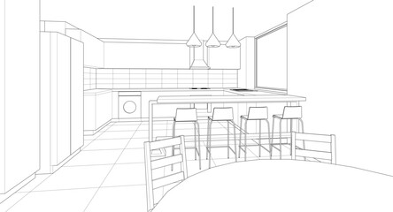 interior kitchen living room 3d illustration	
