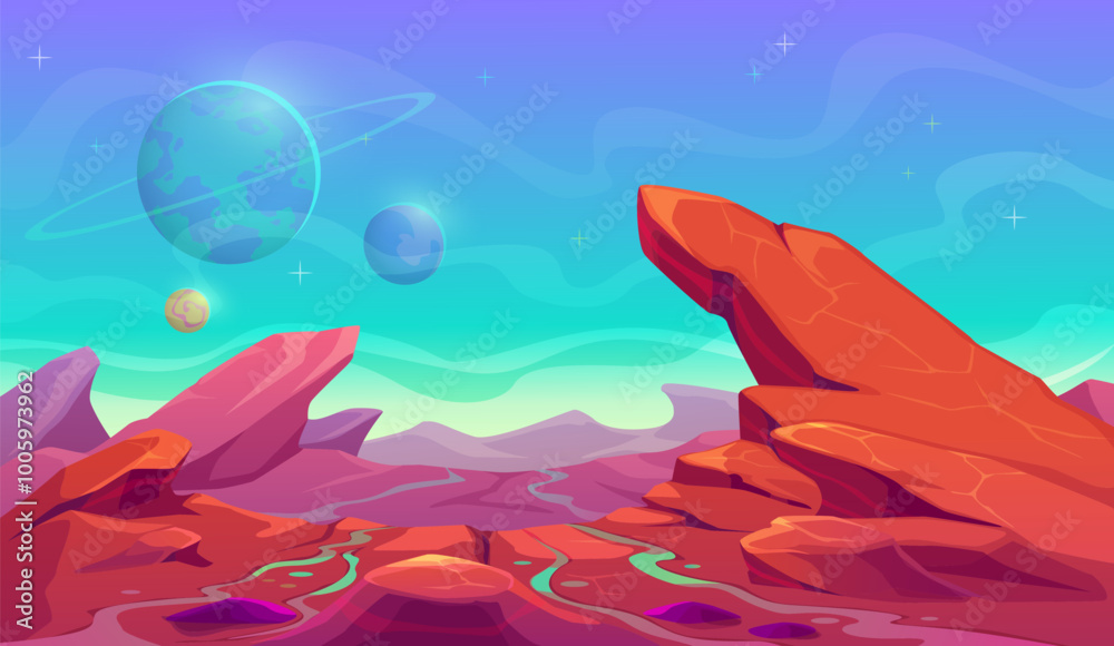 Aufkleber space planet surface with mars mountains landscape for galaxy fantasy, vector background. alien plan