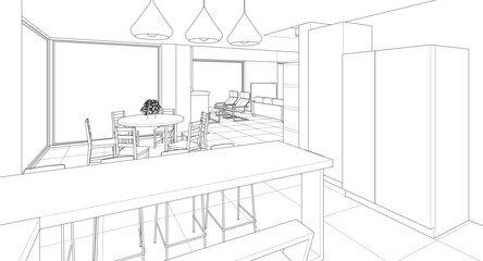 interior kitchen living room 3d illustration	
