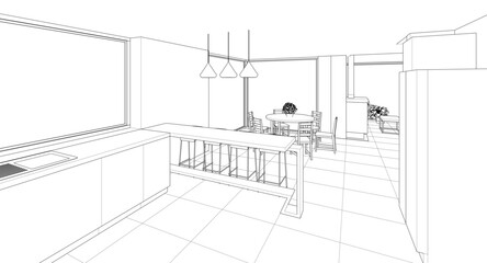 interior kitchen living room 3d illustration	
