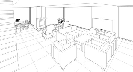 interior kitchen living room 3d illustration	
