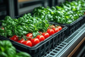 Fresh Tomatoes and Basil in Black Containers