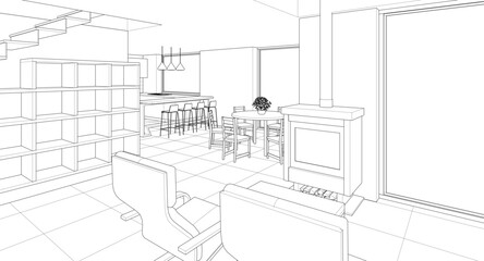 Fototapeta premium interior kitchen living room 3d illustration 