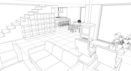 interior kitchen living room 3d illustration	
