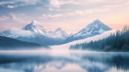 Dreamy pastel hued landscape photography of a serene mountain lake and snowcapped peaks featuring a tranquil alpine lake reflecting the soft pastel sky