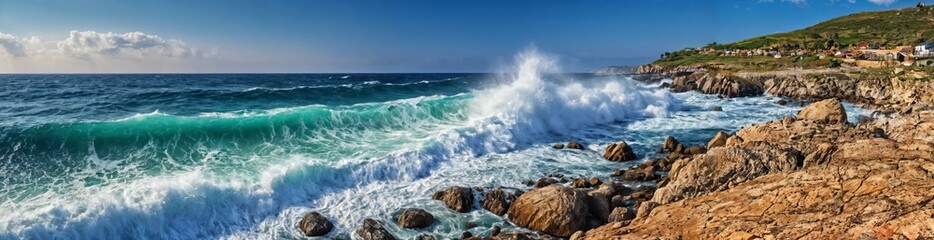 Obraz premium dramatic scene at the beach with waves crashing in the background, while the foreground is calm. The sky is overcast, suggesting a stormy day.