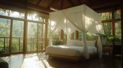 A serene bedroom with a canopy bed, surrounded by large windows and lush greenery.