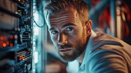 Portrait of an IT specialist configuring network settings, focused expression, surrounded by advanced tech equipment