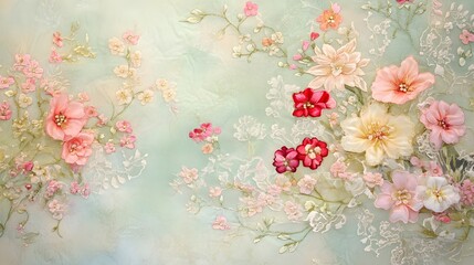 Elegant and ornate pastel tinted backdrop with vibrant floral embroidery delicate lace accents shimmering satin fabrics and a dreamy