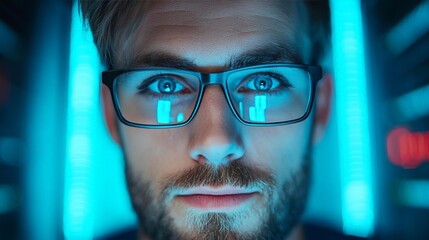 Portrait of an IT specialist configuring network settings, focused expression, surrounded by advanced tech equipment