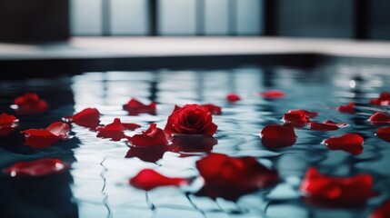A serene scene of a single red rose surrounded by petals in a tranquil water setting.