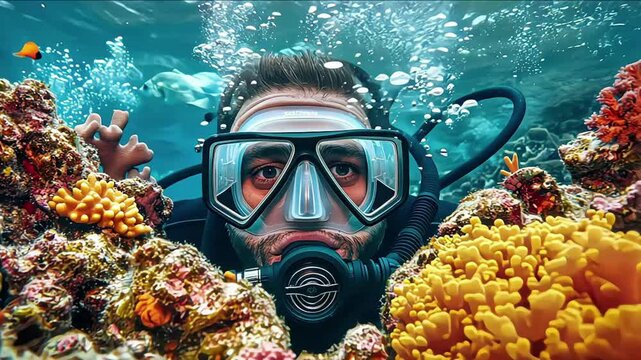 scuba diver in close-up, with vibrant coral reefs and tropical fish in the background, bubbles rising from the diver's mask as they explore underwater