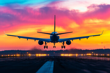 A jet plane is flying through a beautiful sunset. The sky is filled with vibrant colors, creating a serene and peaceful atmosphere. The plane is the main focus of the image