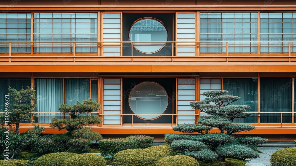 Wall mural Modern architecture featuring circular windows and landscaped greenery.