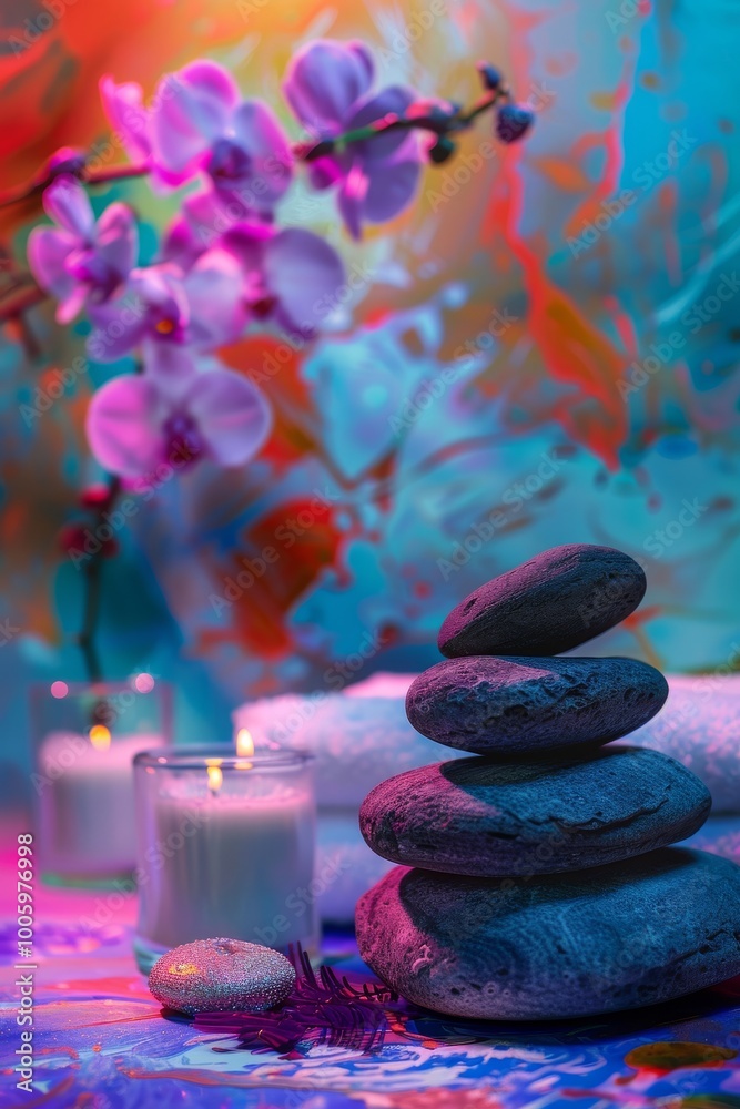 Sticker A set of four stones are arranged on a table next to a candle and a vase of flowers. The scene is set in a spa or relaxation area