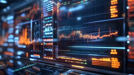 Futuristic virtual market display featuring a transparent holographic interface showcasing advanced financial analytics data visualization and investment strategies for a modern digital financial hub