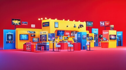 A vibrant exhibition space showcasing technology and entertainment products.