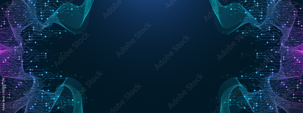 Aufkleber Digital technology abstract background with AI circuit board texture. Technology connected blue lines with electronics elements on tech BG. Semiconductor hardware. Engineering illustration