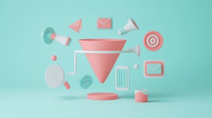 A 3D funnel surrounded by marketing and communication icons, symbolizing lead generation.