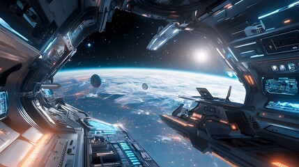 Futuristic space station with sleek cutting edge technology a panoramic view of the cosmos and a palpable sense of and discovery in the background