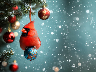 Festive Red Cardinal Hanging from Christmas Ornament